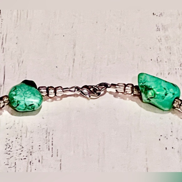 Turquoise Handmade Beaded Ankle Bracelet with Clear Seed Bead Accents - Picture 5 of 5